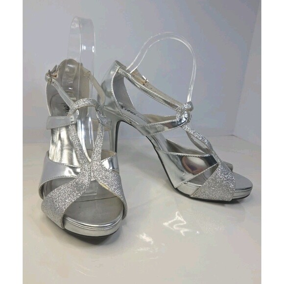 Fioni Night Silver Womens Strap Peep Toe Sparkle Platform Stiletto Size 8 Hoco - Picture 1 of 9
